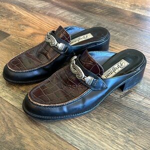 Brighton Vintage Italian Leather Embossed Mules with Silver Engraved Hardware